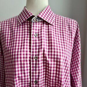 Jared Lang Berry & White Gingham Men's Casual Dress Shirt w/ Paisley Trim –US XL